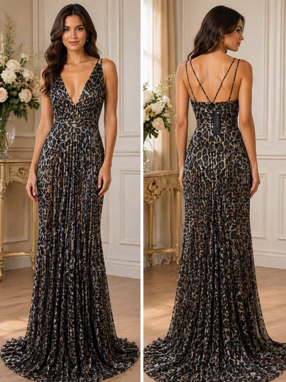 Aidan Mattox animal print pleated sleeveless long gown